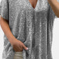 Full Size Sequin V-Neck Short Sleeve Top