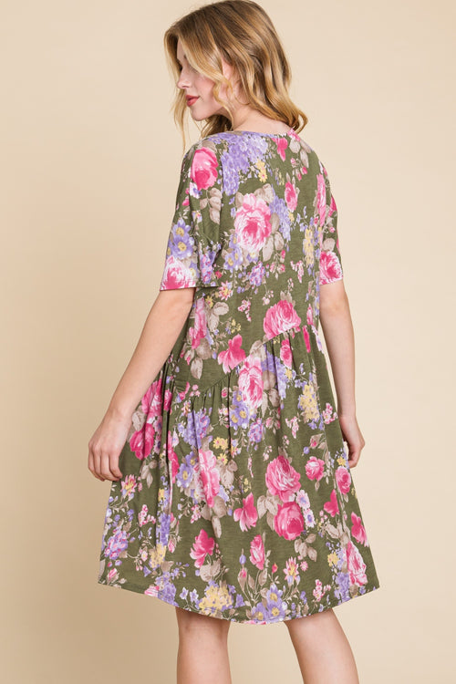 BOMBOM Flower Print V-Neck Ruched Dress *