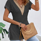 Slit Eyelet V-Neck Short Sleeve Blouse