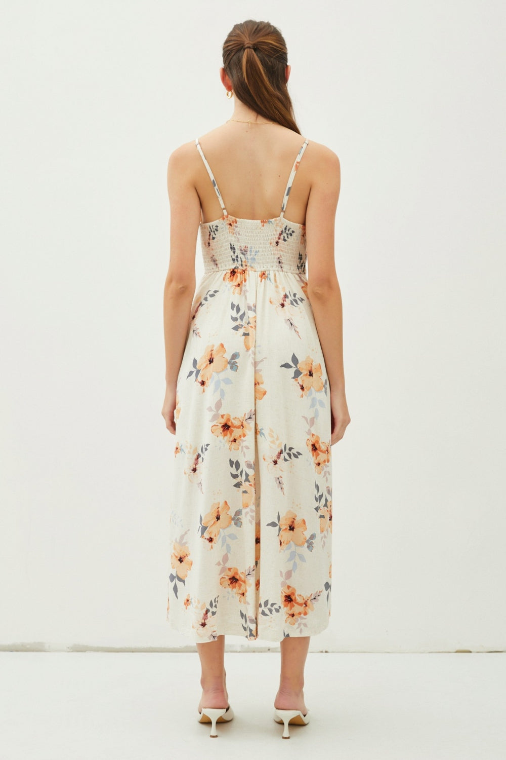 Be Cool Floral Peach Hibiscus Button Down Cami Midi Dress *
