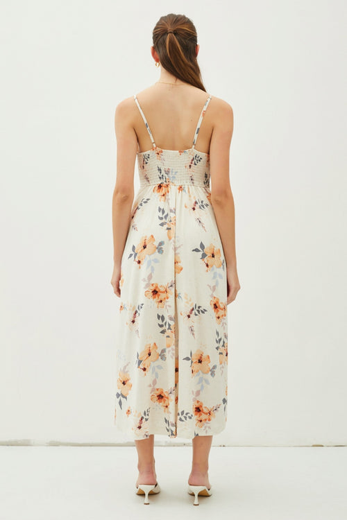 Be Cool Floral Peach Hibiscus Button Down Cami Midi Dress *