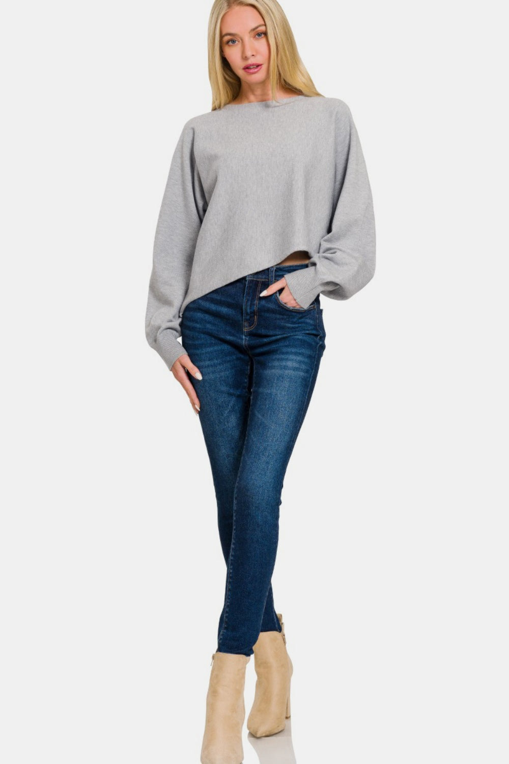 Zenana Asymmetric Hem Long Sleeve Sweater *