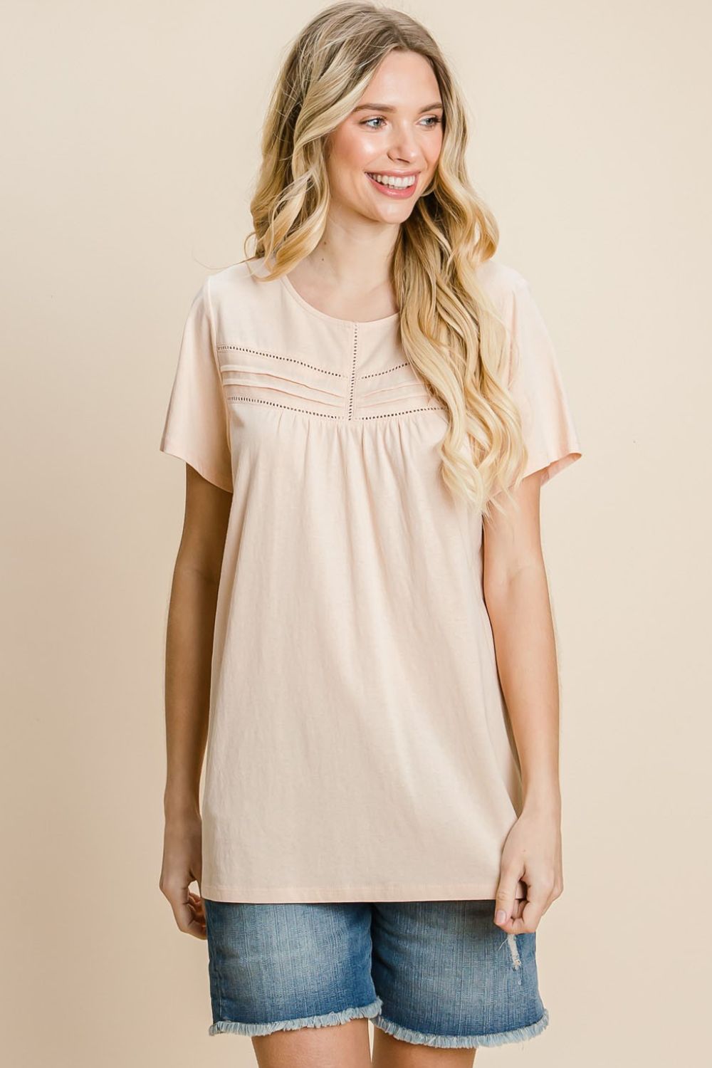 Cotton Bleu by Nu Label Eyelet Round Neck Short Sleeve T-Shirt *