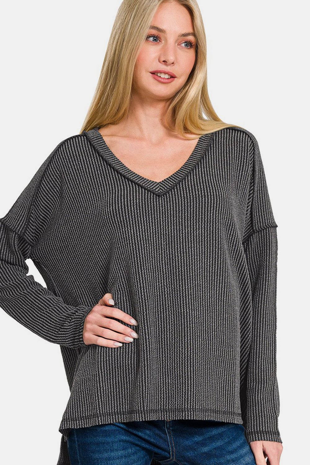 Zenana Texture Exposed Seam V-Neck Long Sleeve T-Shirt