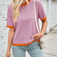 Lovelet Striped Contrast Round Neck Half Sleeve Knit Top