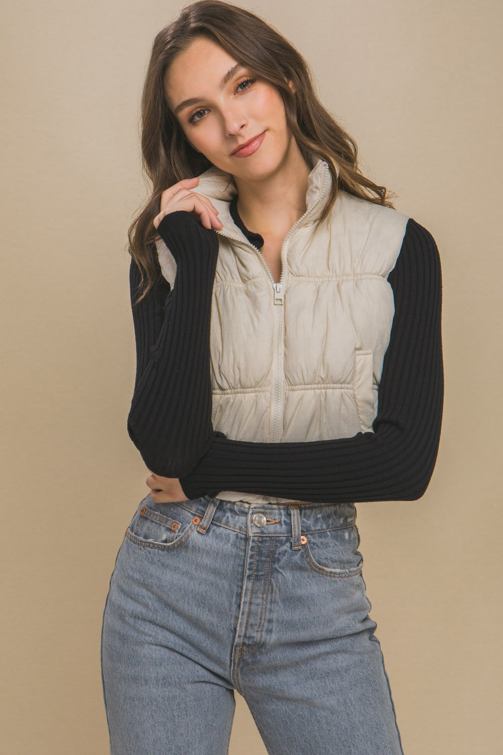 Love Tree Zip Up Turtleneck Cropped Vest Coat *