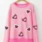 Valentine’s Day Pink Sequin Heart Striped Round Neck Long Sleeve Sweatshirt