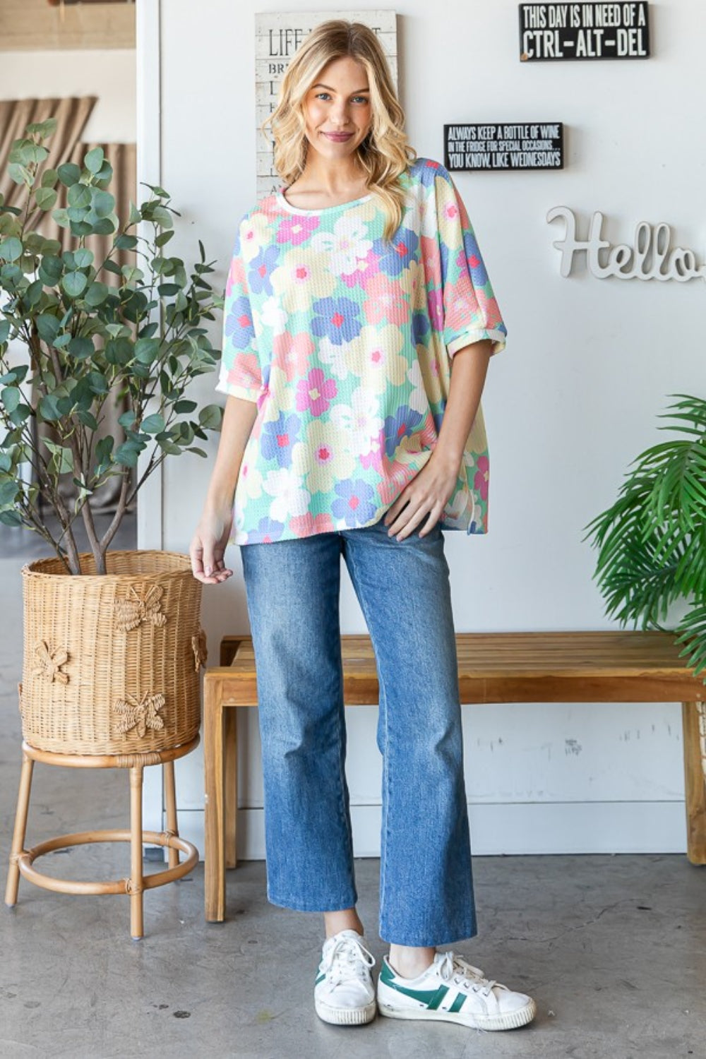 HOPELY Floral Waffle Oversized T-Shirt *