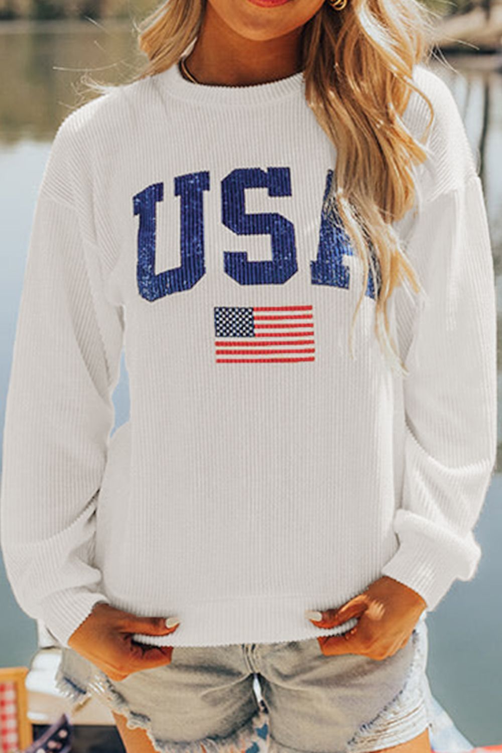 US Flag White Corded Long Sleeve Sweatshirt