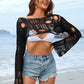Distressed Boat Neck Long Sleeve Cover Up