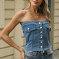 Smocked Button Up Tube Denim Top