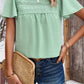 Swiss Dot Smocked Round Neck Short Sleeve Blouse