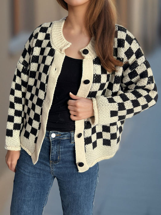 Checkered Button Up Round Neck Cardigan