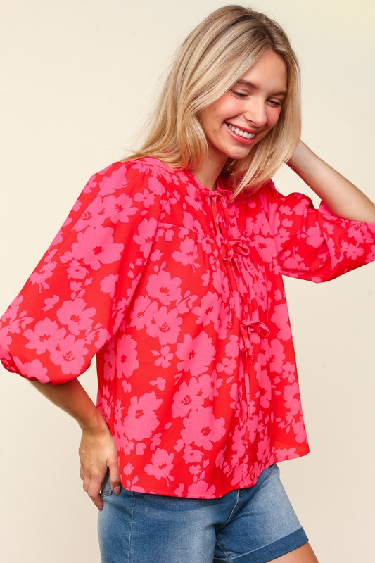 Haptics Full Size Ribbon Bow Floral Balloon Sleeve Blouse