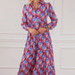 Printed Collared Neck Long Sleeve Midi Dress