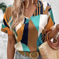 Printed V-Neck Short Sleeve Blouse