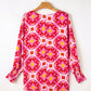 Smocked Cuff Printed Round Neck Long Sleeve Blouse