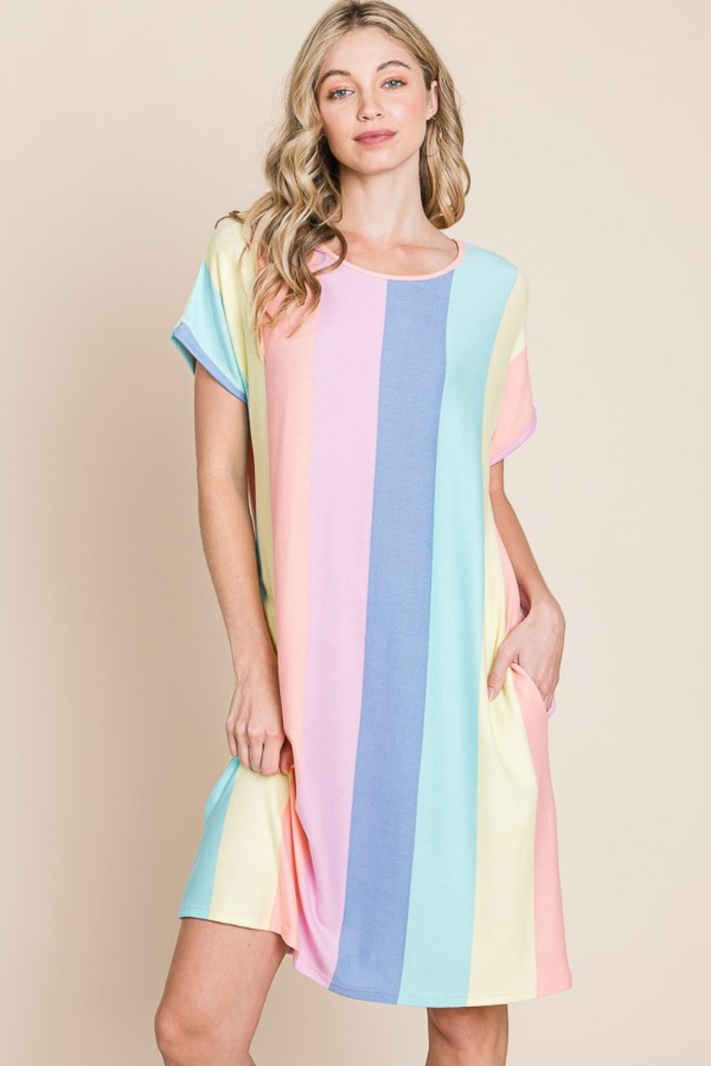 BOMBOM Striped Short Sleeve Dress with Pockets *