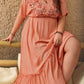 Plus Size Frill Embroidered V-Neck Half Sleeve Maxi Dress