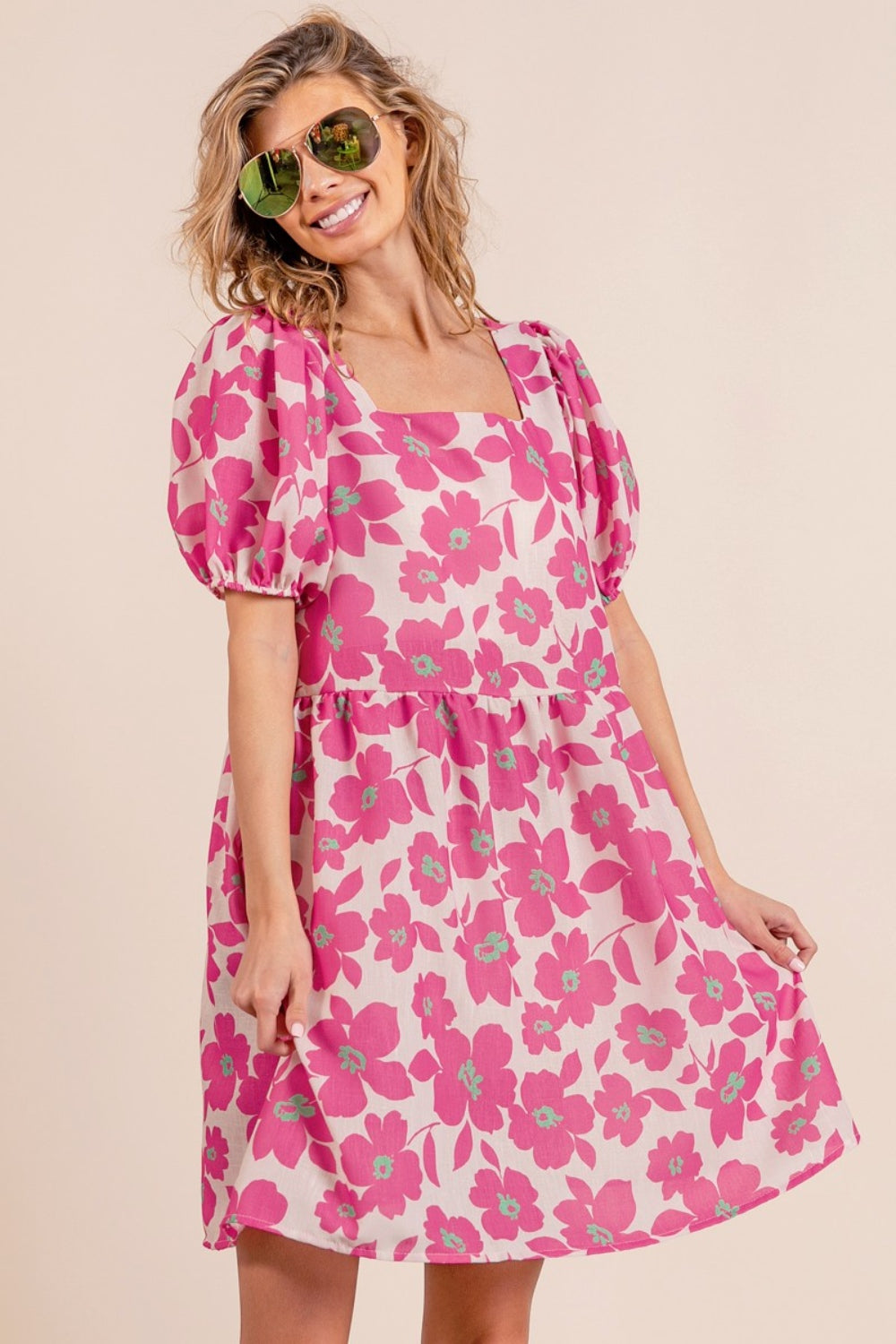 BiBi Printed Square Neck Puff Sleeve Mini Dress  *