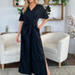 Double Take Full Size V-Neck Tie Front Short Sleeve Slit Jumpsuit