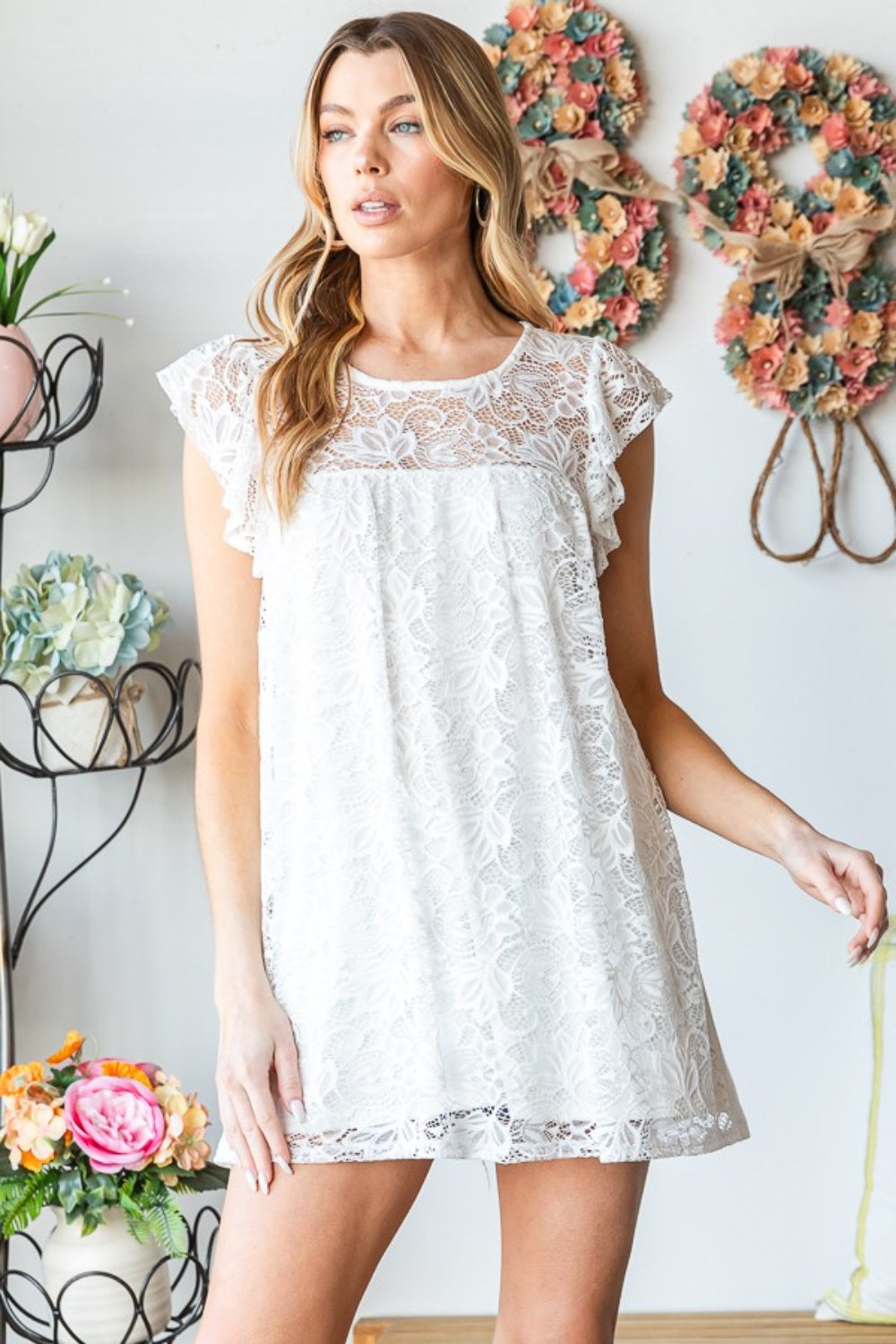 Heimish Full Size Round Neck Cap Sleeve Lace Top *
