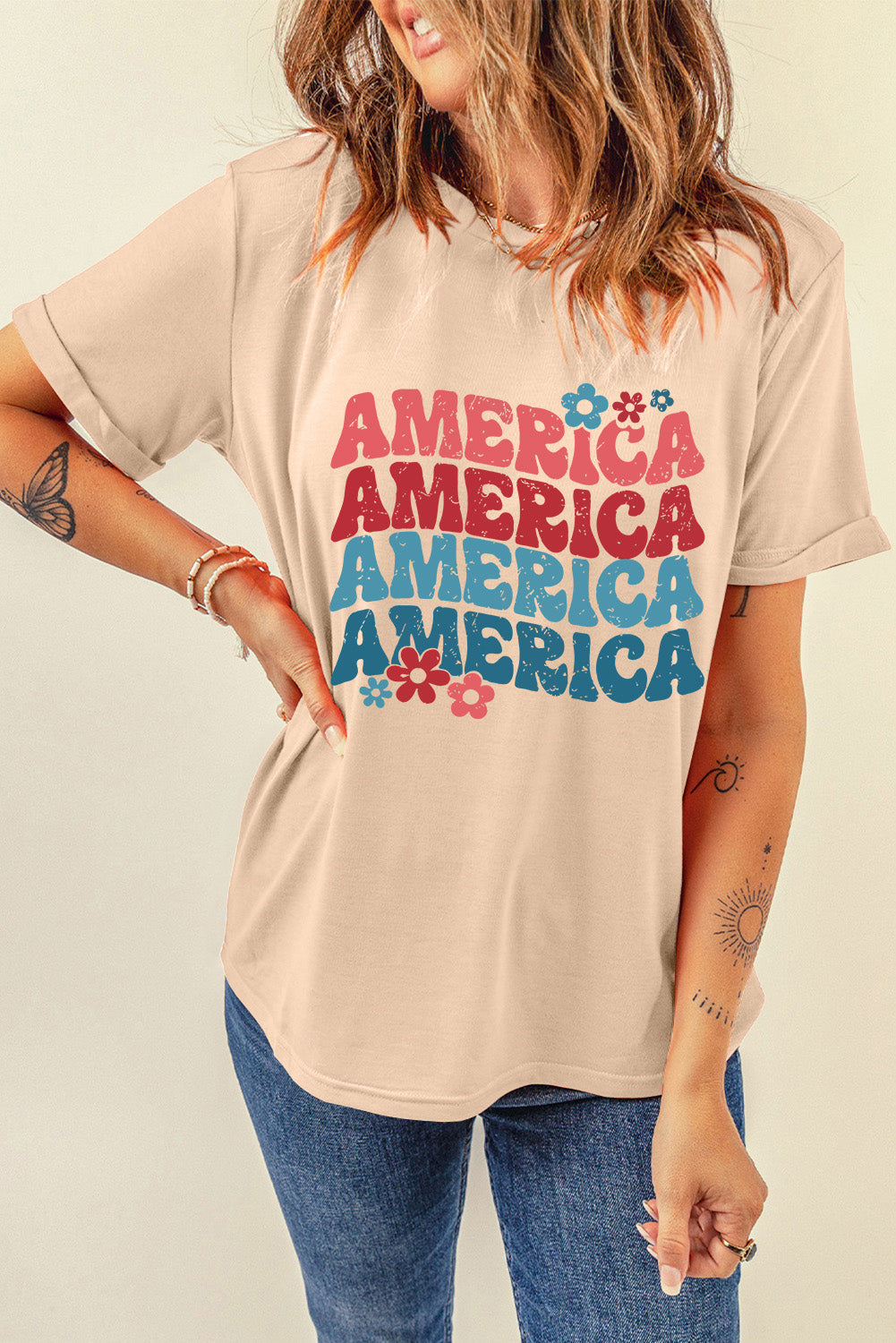 Full Size AMERICA Round Neck Short Sleeve Tan T-Shirt