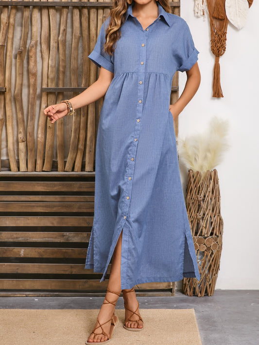 Slit Collared Neck Short Sleeve Midi Dress