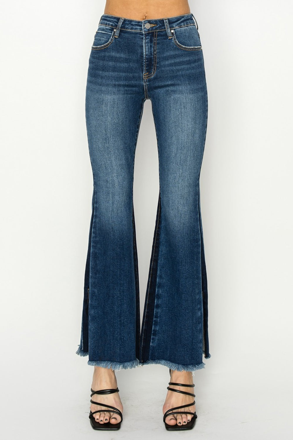 RISEN Full Size High Rise Side Shadow Seam Detail Slit Flare Jeans *