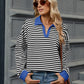 Striped Johnny Collar Long Sleeve Sweatshirt