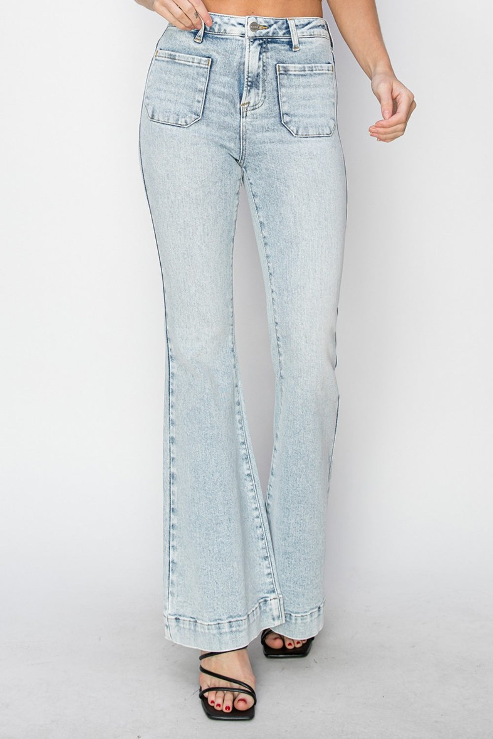 Risen Full Size High Rise Front Patch Pocket Flare Jeans *