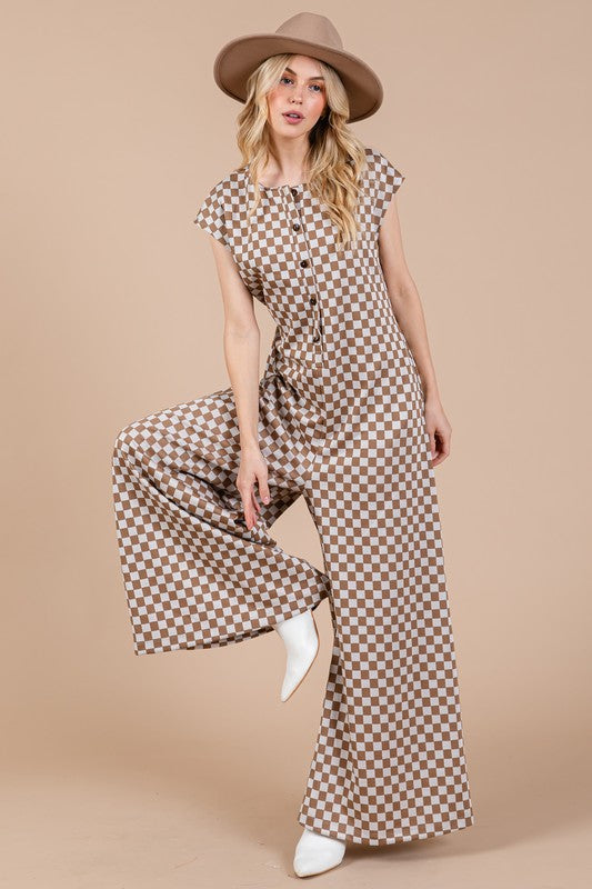 Ces Femme Checkered Half Button Cap Sleeve Jumpsuit