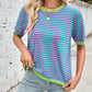 Lovelet Striped Contrast Round Neck Half Sleeve Knit Top