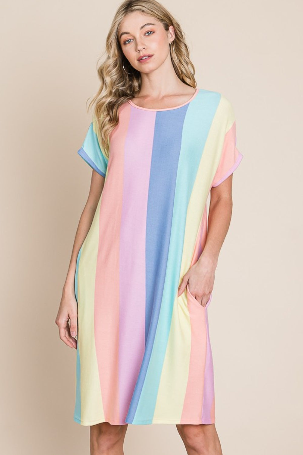 BOMBOM Striped Short Sleeve Dress with Pockets *