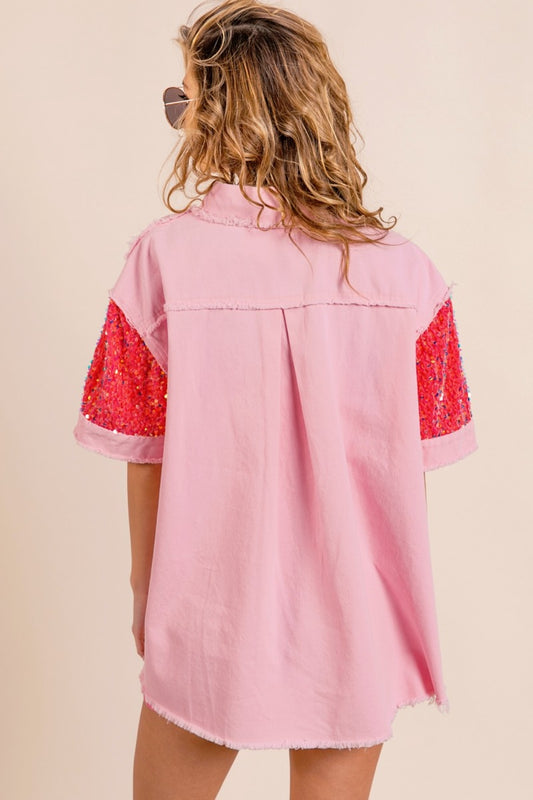 BiBi Sequin Detail Raw Hem Short Sleeve Shirt - Brand BiBi