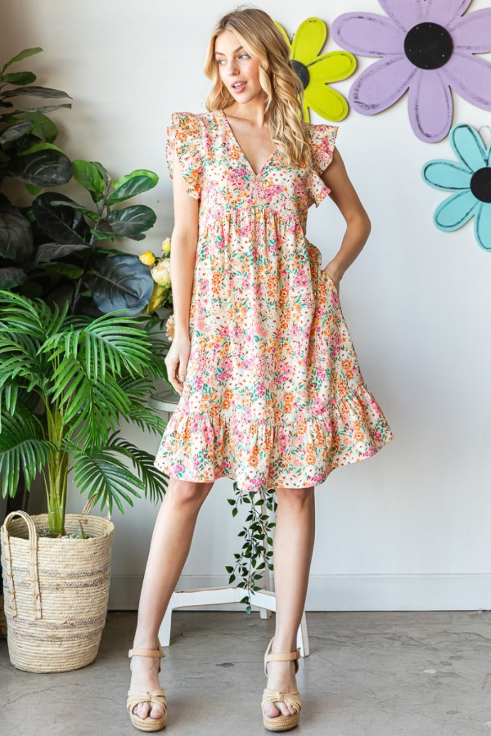 Heimish Full Size Floral Ruffled V-Neck Dress *