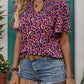Printed Notched Flutter Sleeve Blouse