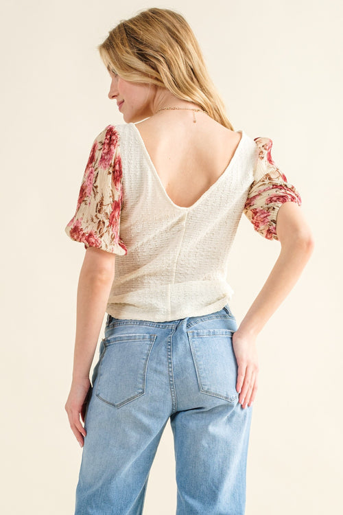 And The Why Full Size Floral Print Textured Sleeve Knit Top *