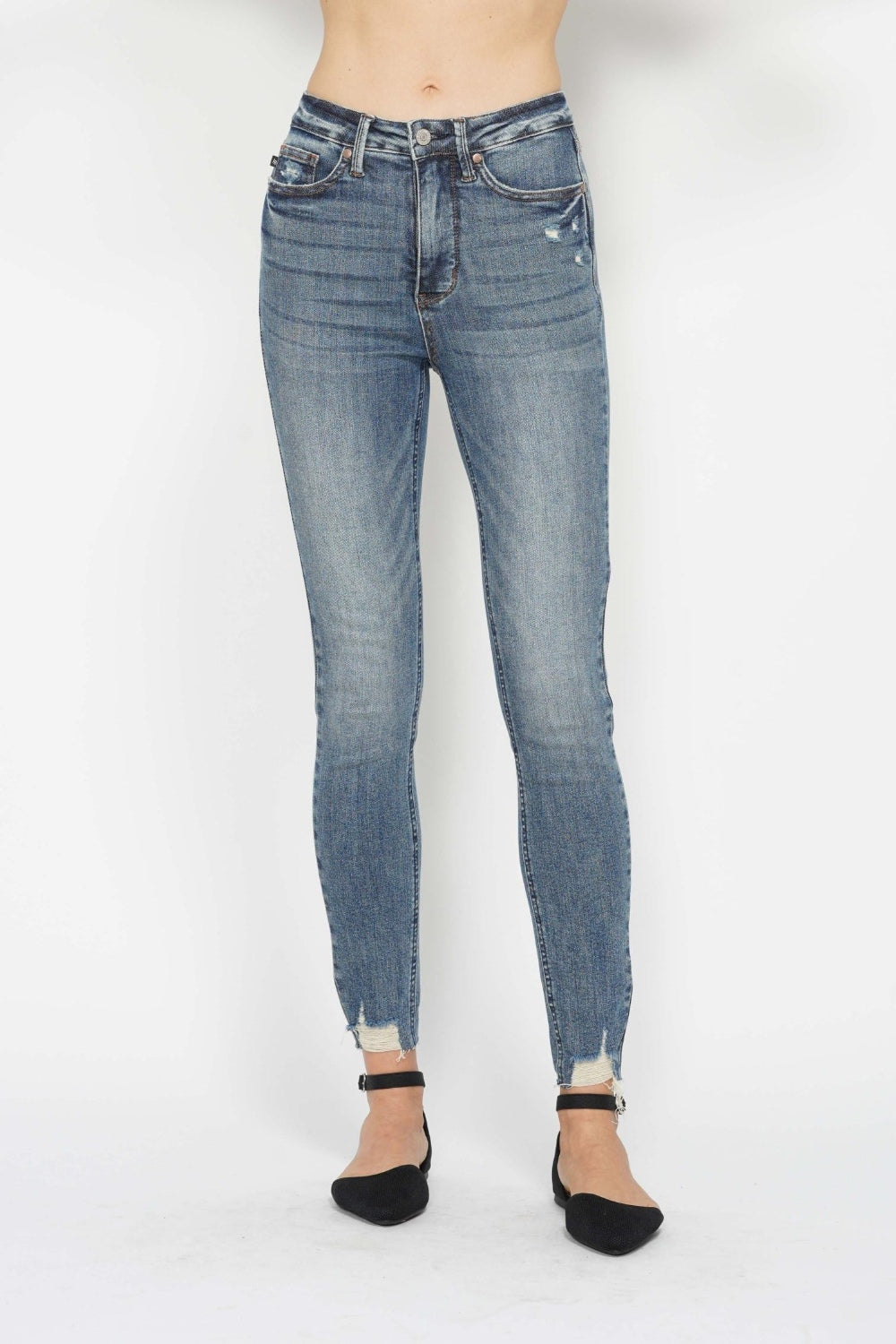 Judy Blue Full Size Tummy Control Vintage Wash Hem Destroy Skinny Jeans *