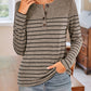 Quarter Button Striped Round Neck Long Sleeve T-Shirt