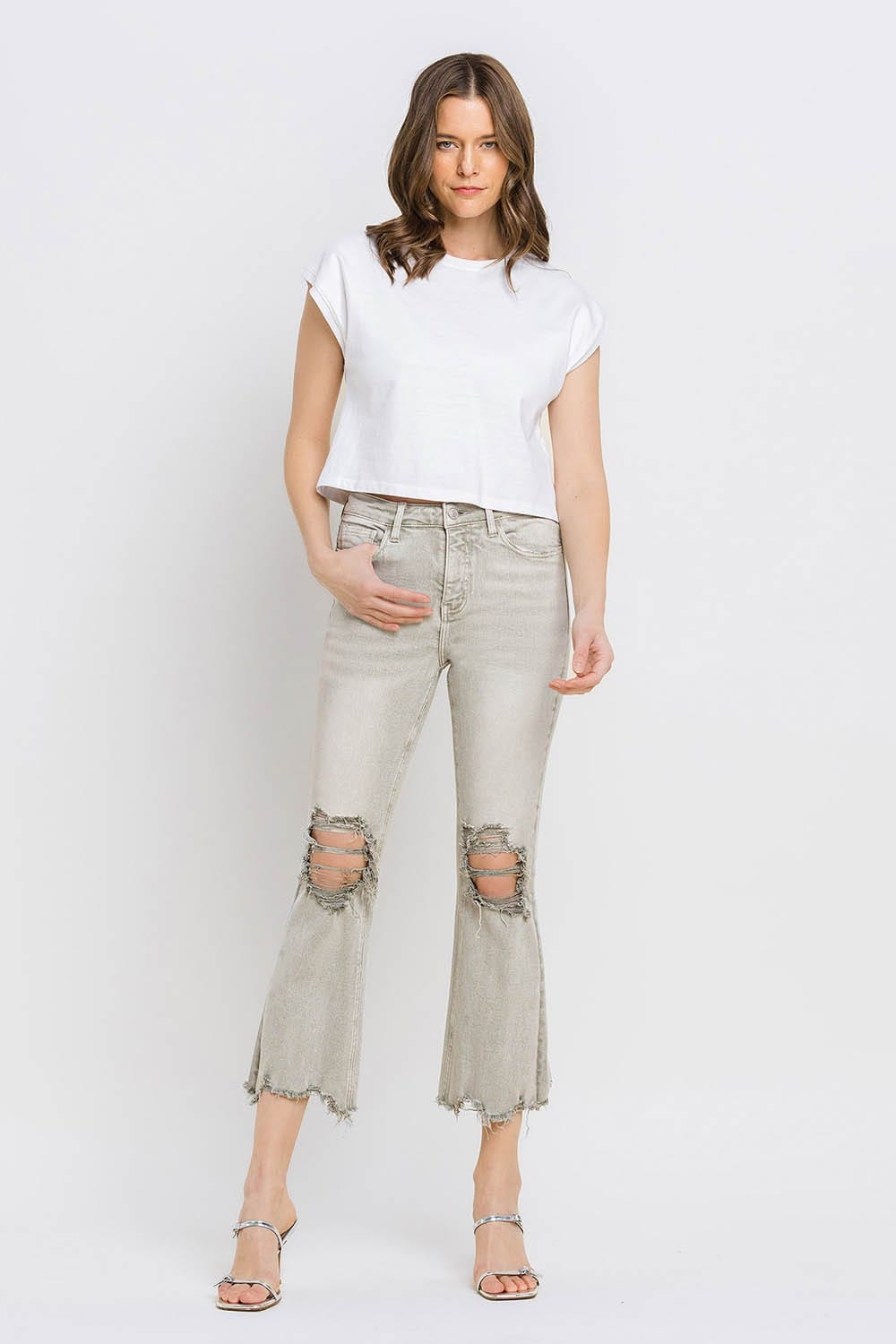 Lovervet Distressed Raw Hem Cropped Flare Jeans *