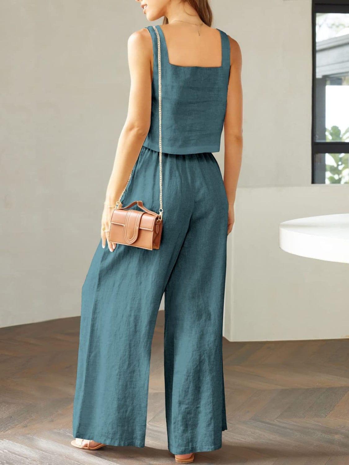 Full Size Square Neck Top and Wide Leg Pants Set