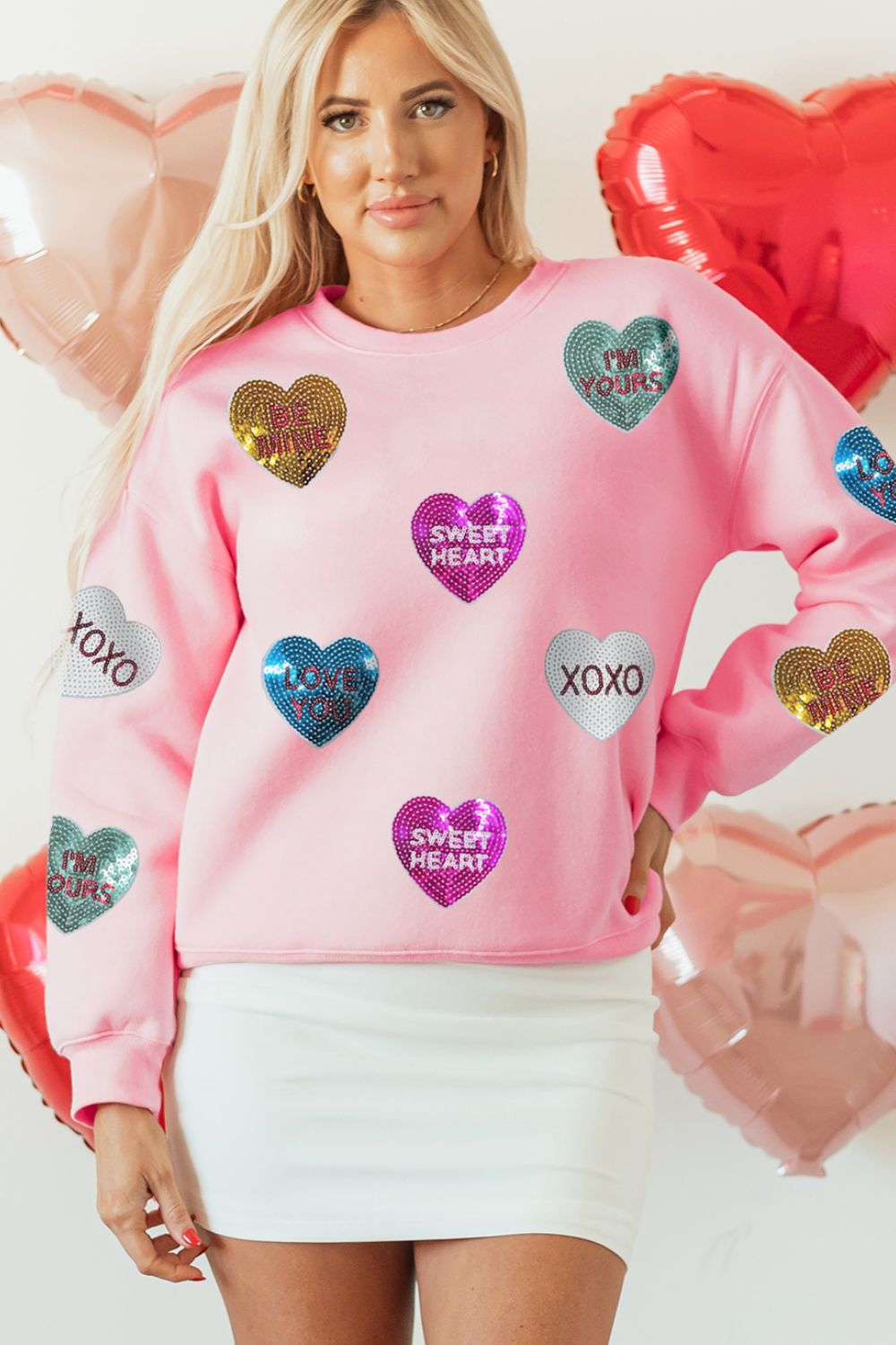 Valentine’s Day Blush Pink Sequin Heart Round Neck Long Sleeve Sweatshirt