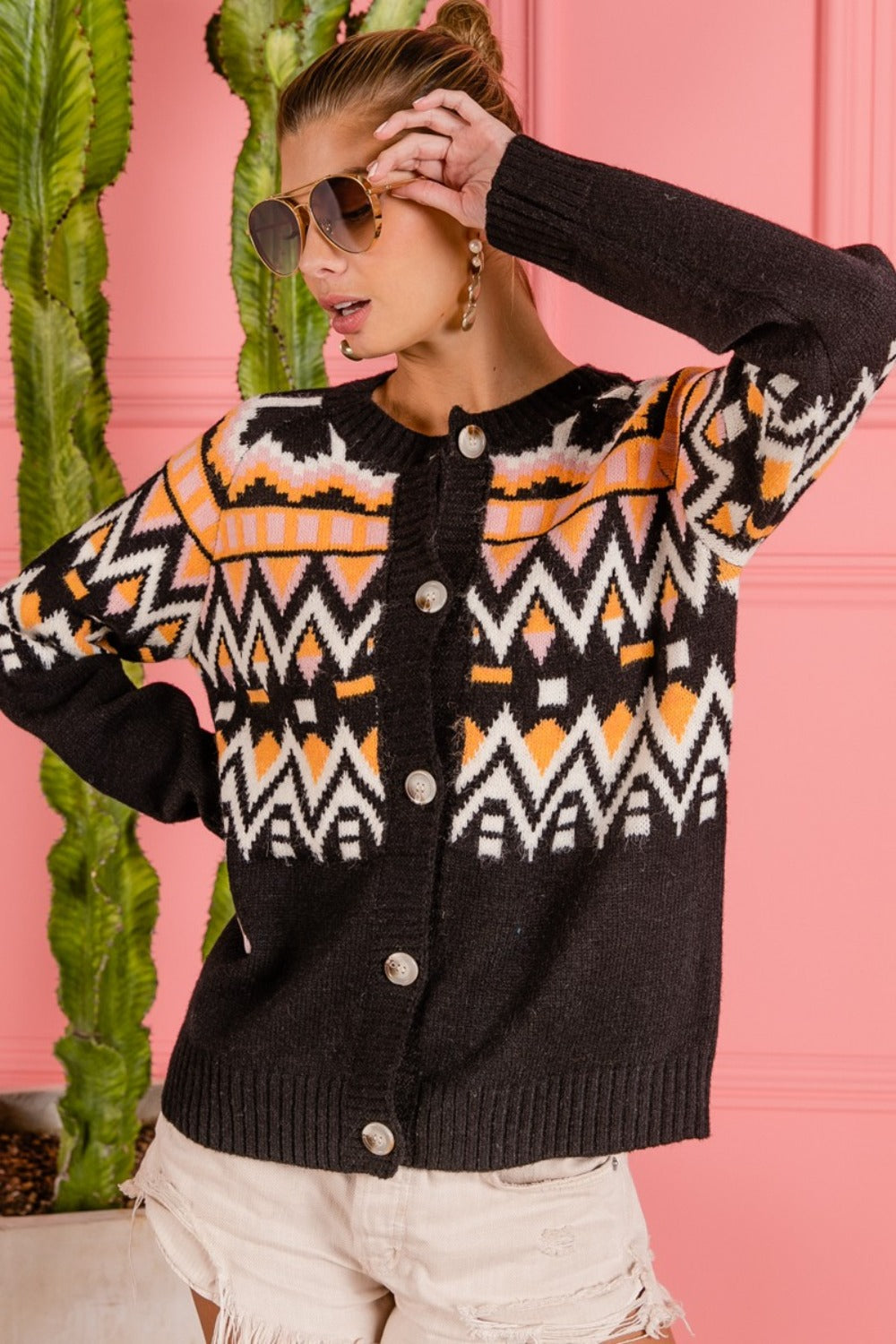 BiBi Ethnic Pattern Button Up Knit Cardigan - Brand BiBi