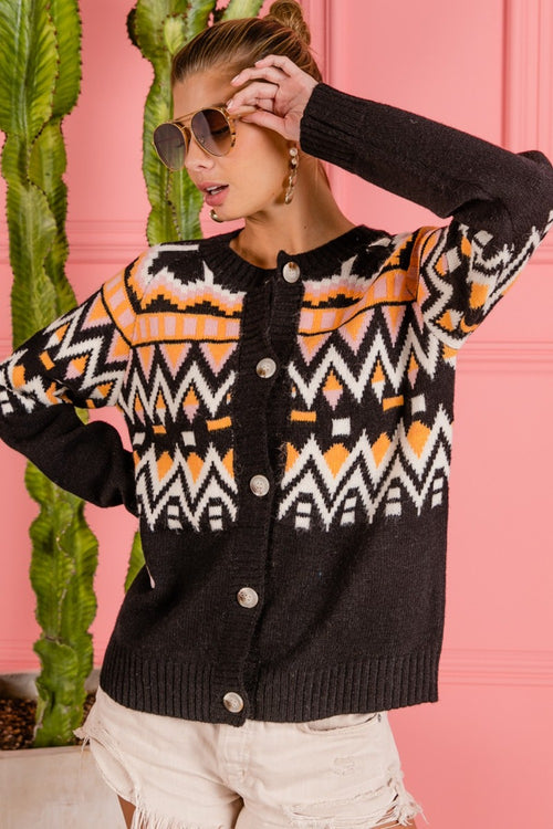 BiBi Ethnic Pattern Button Up Knit Cardigan - Brand BiBi