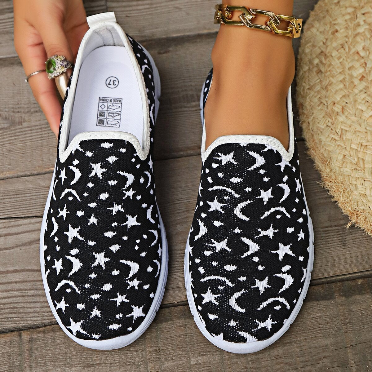 Celestial Star & Moon Pattern Flat Loafers