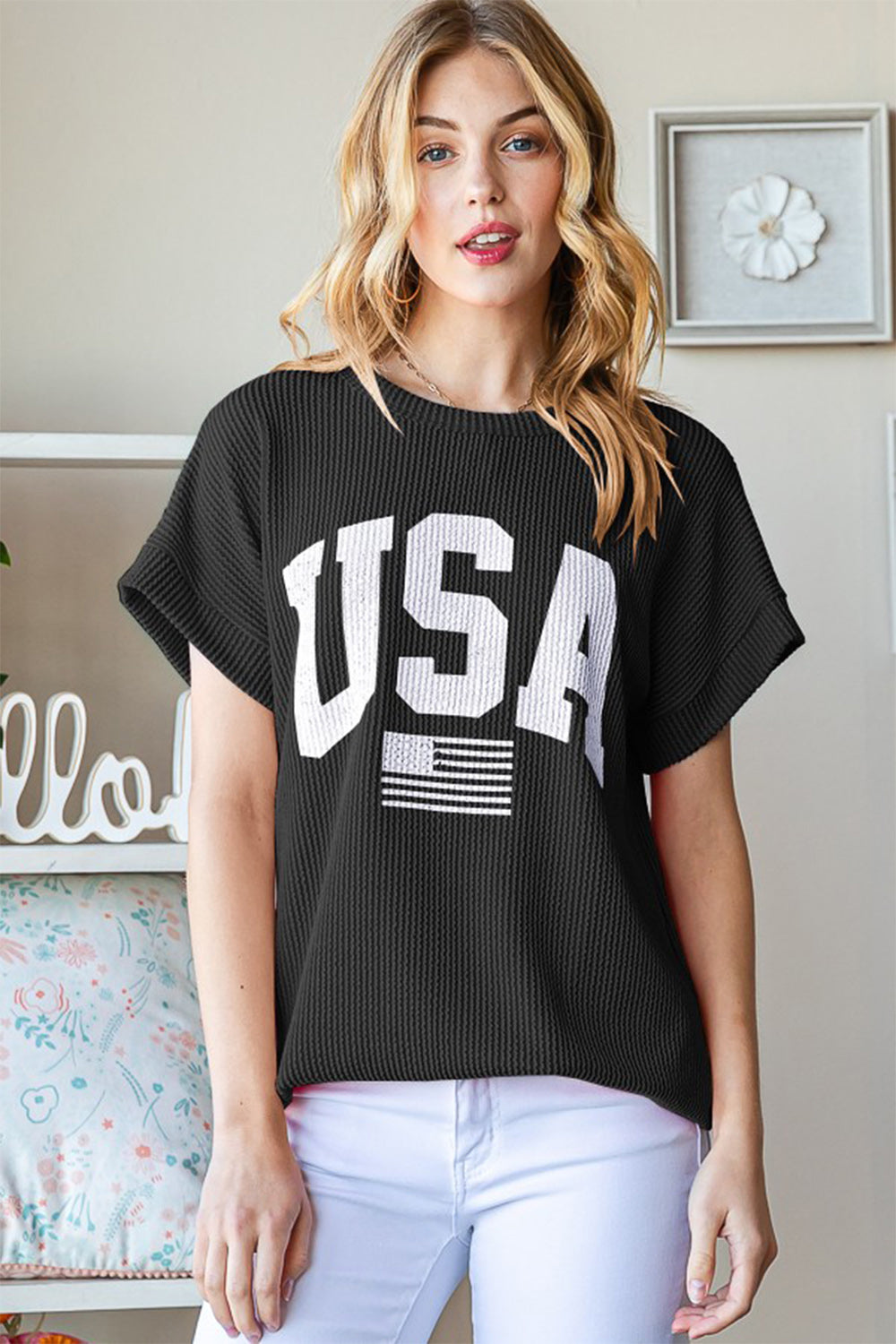 Heimish Full Size USA Graphic Short Sleeve Ribbed Top *