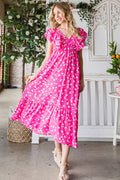 Reborn J Printed Fuchsia V-Neck Ruffle Trim Tiered Midi Dress *
