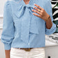 Pocketed Plaid Tie Neck Long Sleeve Shirt