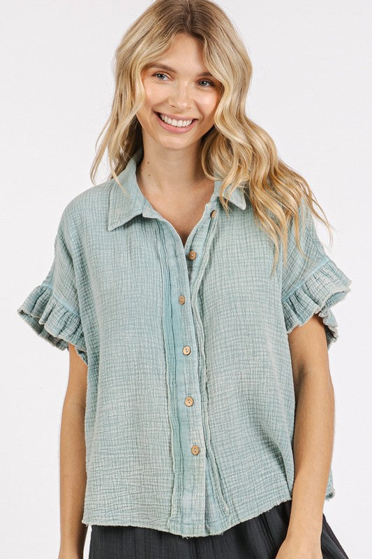 Mittoshop Mineral Washed Button Down Flounce Sleeve Shirt *